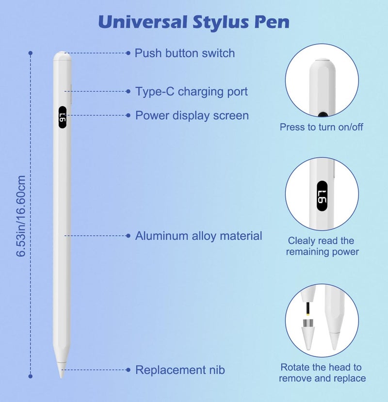 MoKo Stylus Pens for Touch Screens, Fast Charge Stylus Pen for Apple iPad/iPhone/Samsung/Lenovo/iOS/Android Tablets&Smart Phone Universal Stylus Capacitive Screen Pencil with Power Display, White - Image 5