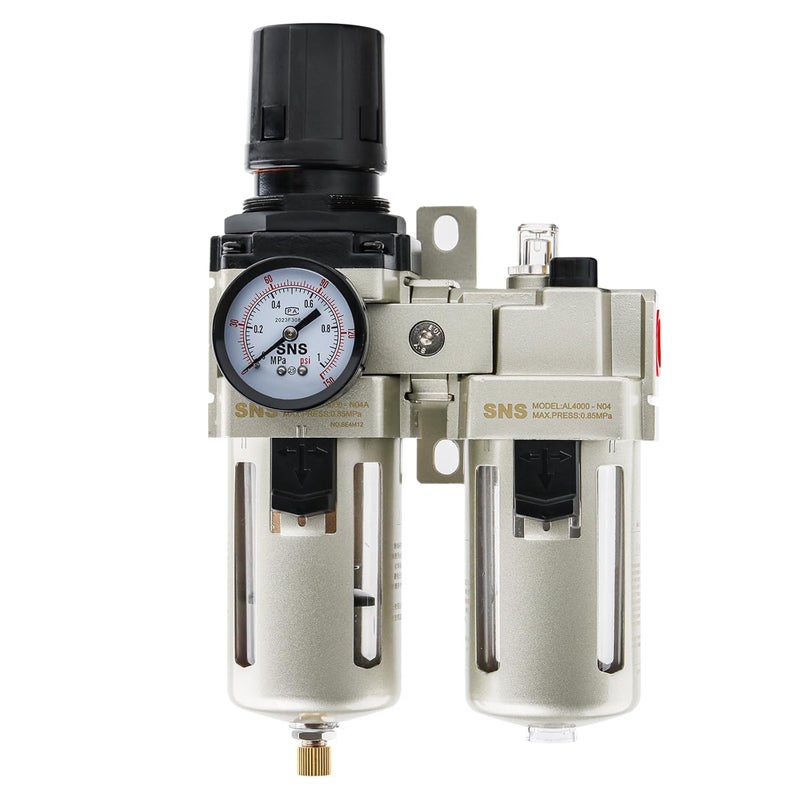 Sns 1/2" NPT Compressed Air Filter Regulator Lubricator Two Units Combo FRL Water/Oil Trap Separator, Semi-auto Drain, 5 Micron Brass Filter, Gauge and Bracket, Poly Bowl with Metal Guard AC4010-N04A - Image 1