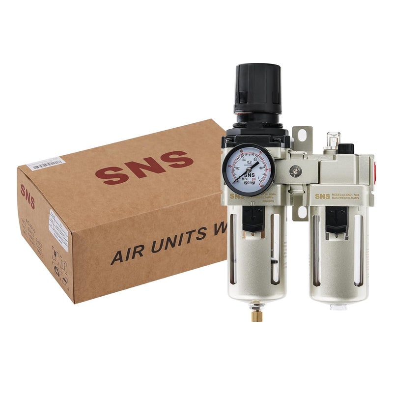 Sns 1/2" NPT Compressed Air Filter Regulator Lubricator Two Units Combo FRL Water/Oil Trap Separator, Semi-auto Drain, 5 Micron Brass Filter, Gauge and Bracket, Poly Bowl with Metal Guard AC4010-N04A - Image 5