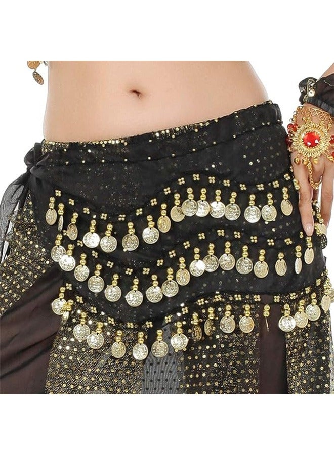 Belly Dance Hip Towel Black Belt With 128pcs Gold Coins  - Image 2