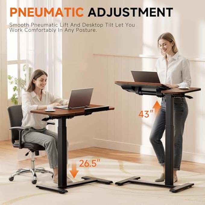 rayihni TILTABLE MOBILE SMALL STANDING DESK, PNEUMATIC ADJUSTABLE HEIGHT OVERBED BEDSIDE TABLE WITH WHEELS, SIT STAND PORTABLE ROLLING LAPTOP DESK COMPUTER WORKSTATIONS, WALNUT - Image 3