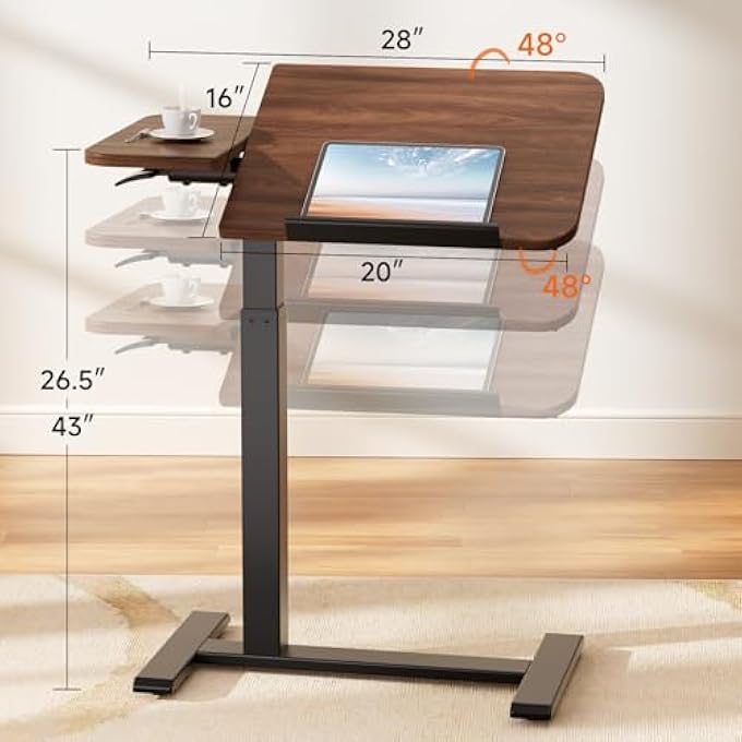 rayihni TILTABLE MOBILE SMALL STANDING DESK, PNEUMATIC ADJUSTABLE HEIGHT OVERBED BEDSIDE TABLE WITH WHEELS, SIT STAND PORTABLE ROLLING LAPTOP DESK COMPUTER WORKSTATIONS, WALNUT - Image 2
