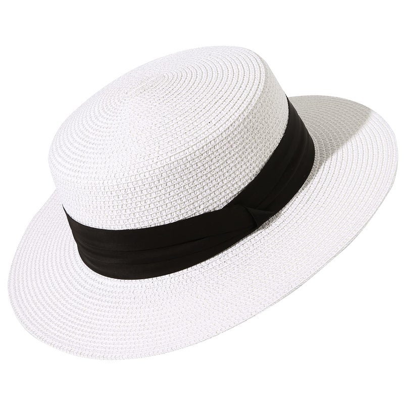 Lanzom Sun Hats for Women Wide Brim Straw Boater Hat Foldable Packable Beach Hat for Summer (White, Medium) - Image 1