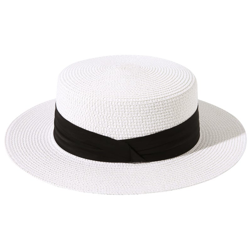 Lanzom Sun Hats for Women Wide Brim Straw Boater Hat Foldable Packable Beach Hat for Summer (White, Medium) - Image 2