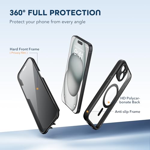 TIESZEN for iPhone 15 Case, Compatible with MagSafe, Built-in Privacy Screen Protector and Camera Protection, Anti Spy Full Body Dustproof Shockproof Hard Phone Case 6.1", Black - Image 3