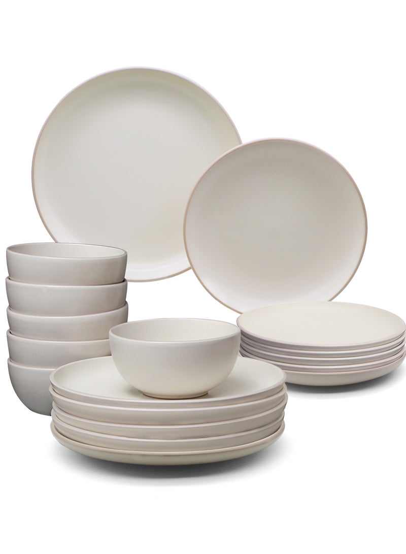 Noon East 18 Piece Stoneware Dinnerware Set for 6, Serves 6 | Kitchen Plates and Bowls, Dishwasher & Microwave Safe, Matt Cream Colour, Contrast Rimmed - Image 1