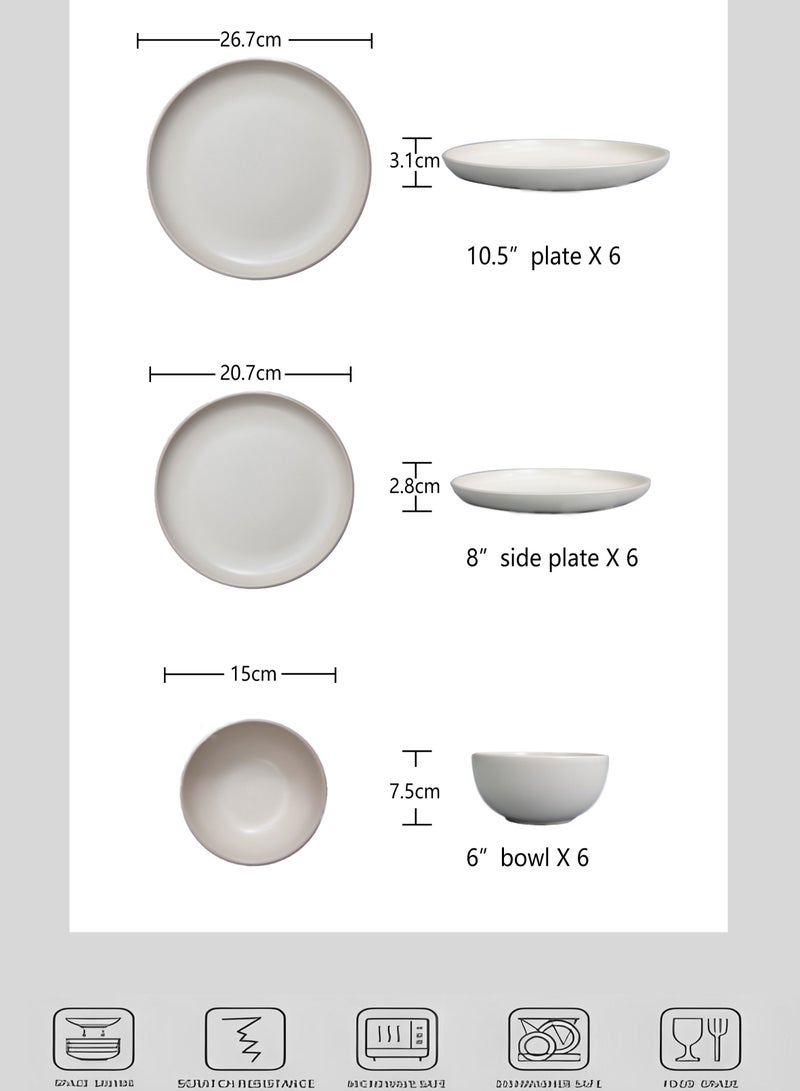 Noon East 18 Piece Stoneware Dinnerware Set for 6, Serves 6 | Kitchen Plates and Bowls, Dishwasher & Microwave Safe, Matt Cream Colour, Contrast Rimmed - Image 2
