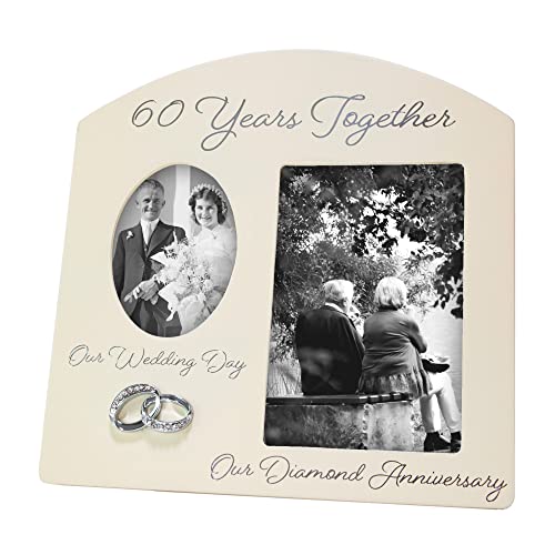 Happy Homewares Haysom Interiors Contemporary 60 Years Together Then and Now Diamond Anniversary Light Beige Frame with Double Silver Rings  Beautiful 60th Anniversary Picture Frame 