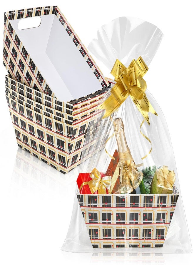 DEAYOU 6 Pack Baskets for Gifts Empty, 10" x 8" Sturdy Cardboard Market Tray with Handle, Paper Gift Baskets Kit To Fill with Wrap Bags and Gold Pull Bows for Easter, Christmas, Birthday, Black Plaid - Image 1