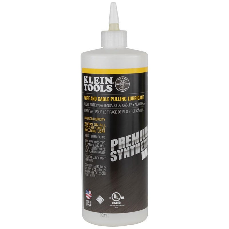 Klein Tools 51010 Wax Lubricant Made in USA Premium Synthetic Wax Wire and Cable Pulling Lubricant 1Quart Squeeze Bottle