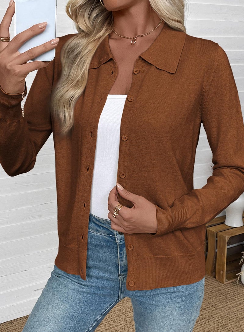 EVALESS Cardigan Sweaters for Women Lightweight Trendy Long Sleeve Lapel Collar Button Down Sweaters Fall 2025 Casual Soft Wool Blend Knit Cardigans Sweater Tops Medium Coffee Small - Image 2