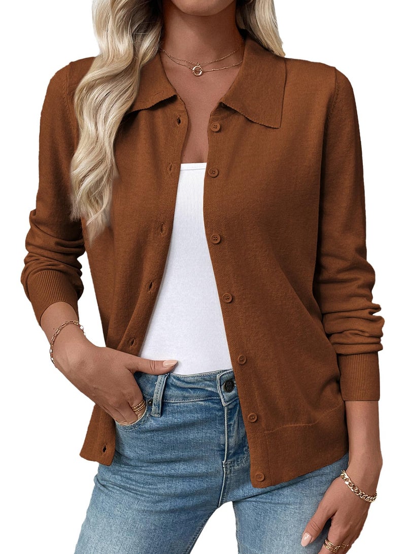 EVALESS Cardigan Sweaters for Women Lightweight Trendy Long Sleeve Lapel Collar Button Down Sweaters Fall 2025 Casual Soft Wool Blend Knit Cardigans Sweater Tops Medium Coffee Small - Image 1