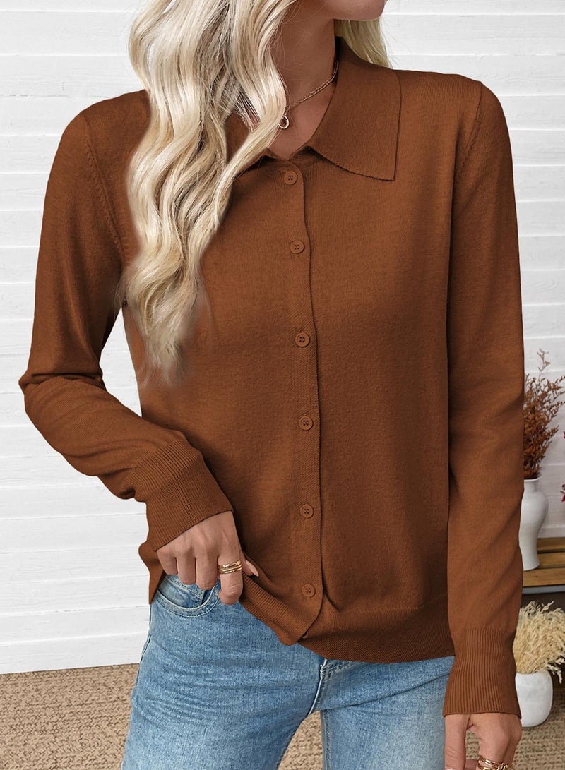 EVALESS Cardigan Sweaters for Women Lightweight Trendy Long Sleeve Lapel Collar Button Down Sweaters Fall 2025 Casual Soft Wool Blend Knit Cardigans Sweater Tops Medium Coffee Small - Image 3