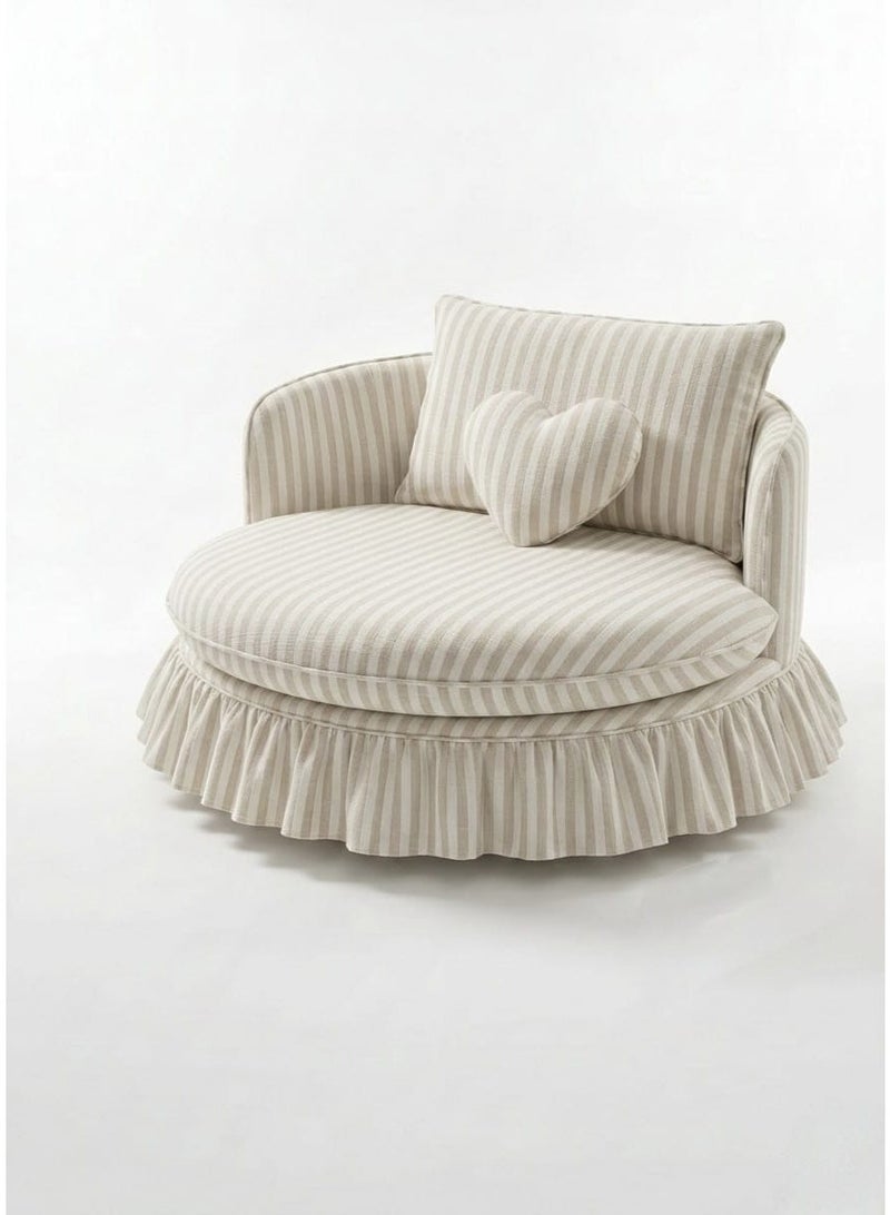 Modern round chair with beige stripes, linen fabric, Swedish wood - Image 2