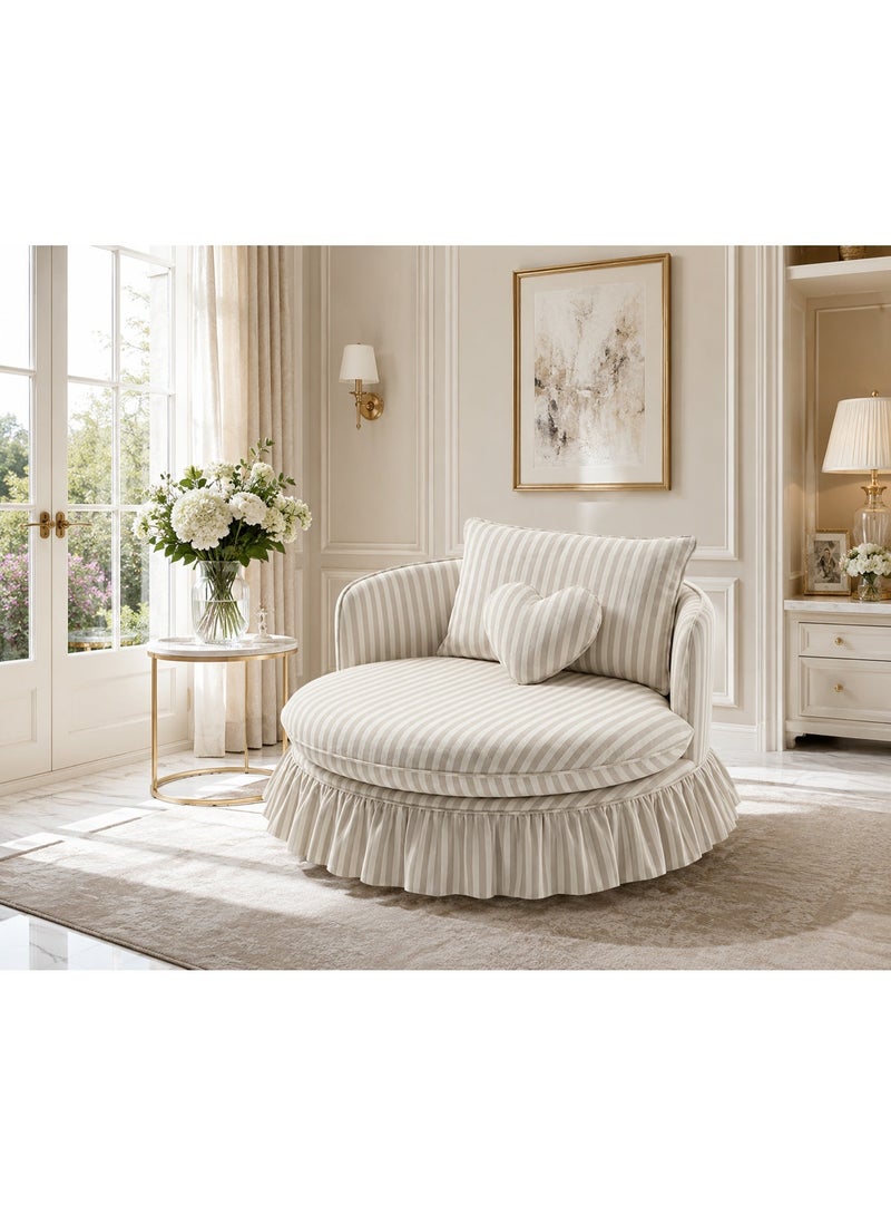 Modern round chair with beige stripes, linen fabric, Swedish wood - Image 1