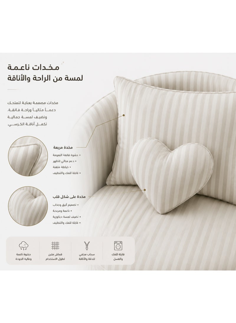 Modern round chair with beige stripes, linen fabric, Swedish wood - Image 5