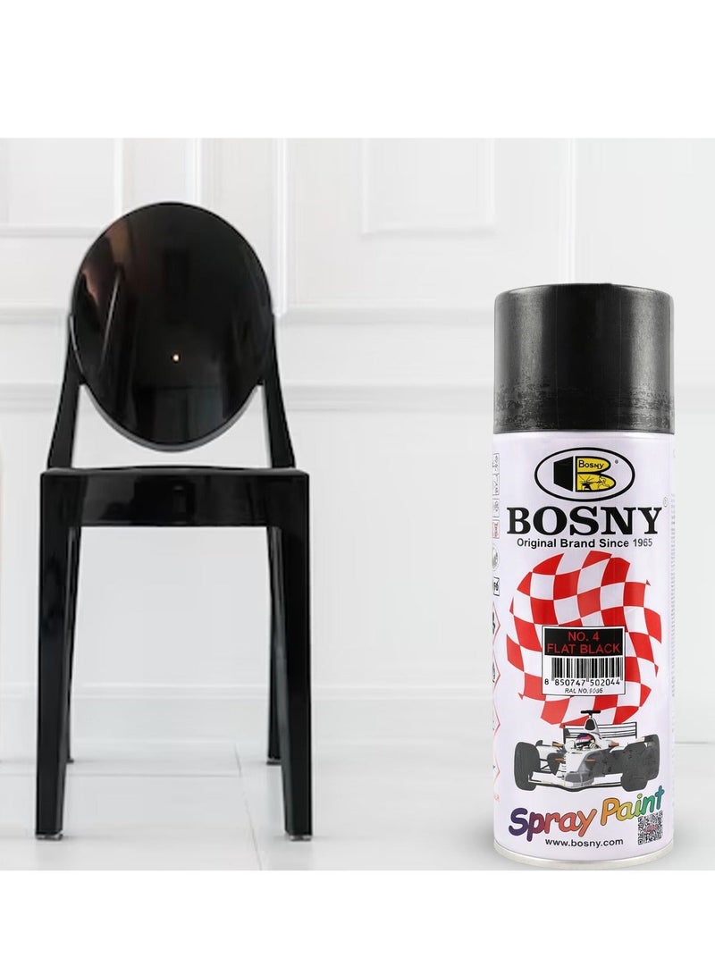 Bosny No. 4 Flat Black Spray Paint - Premium Matte Finish Quick Dry Aerosol for Automotive Touch Up, Furniture Upcycling, DIY Crafts & Industrial Parts - Multi-Surface Use on Metal, Wood, Plastic, Glass & Wall - Long-Lasting 400ml Can - Image 2