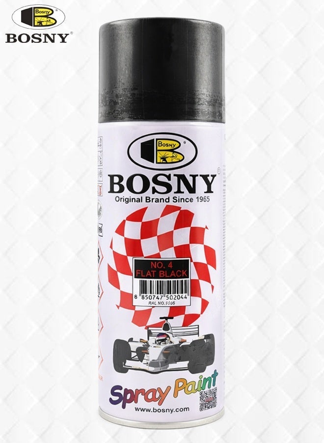 Bosny No. 4 Flat Black Spray Paint - Premium Matte Finish Quick Dry Aerosol for Automotive Touch Up, Furniture Upcycling, DIY Crafts & Industrial Parts - Multi-Surface Use on Metal, Wood, Plastic, Glass & Wall - Long-Lasting 400ml Can - Image 1