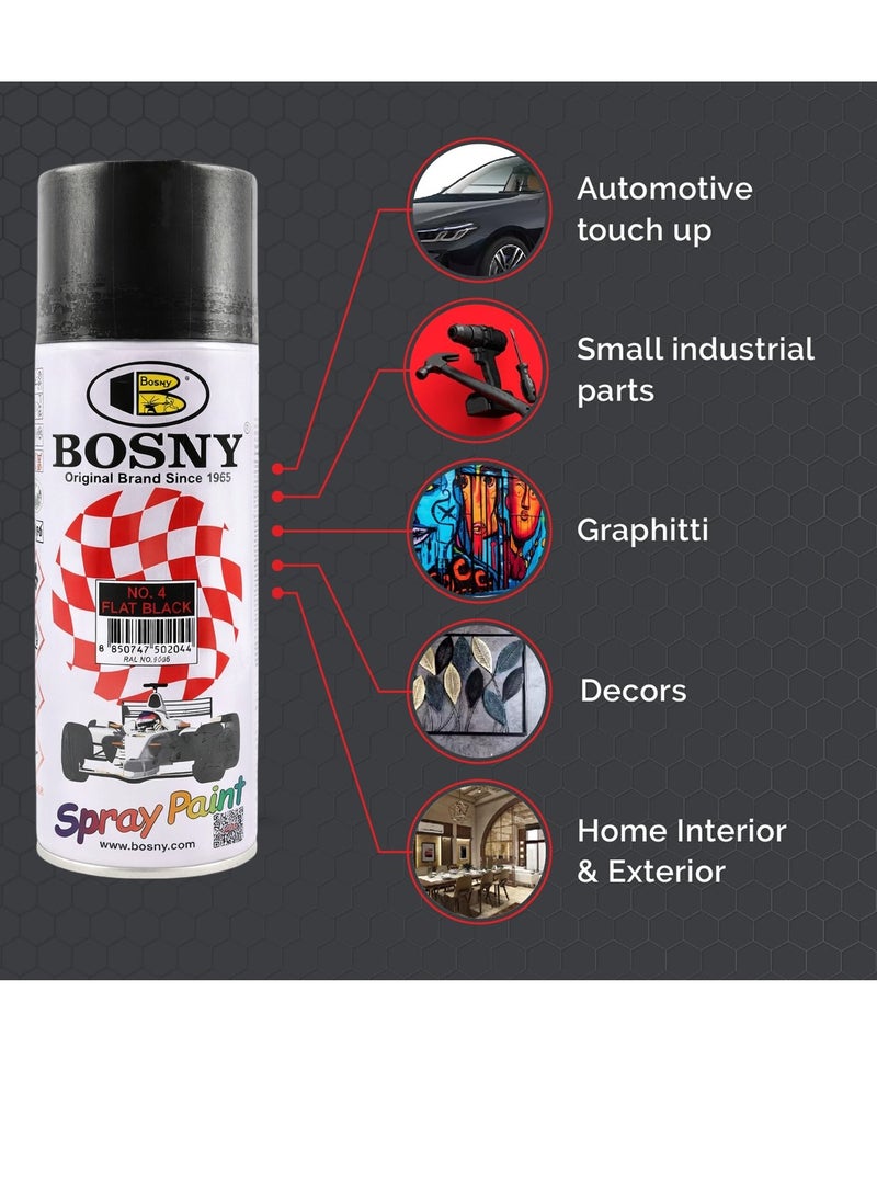 Bosny No. 4 Flat Black Spray Paint - Premium Matte Finish Quick Dry Aerosol for Automotive Touch Up, Furniture Upcycling, DIY Crafts & Industrial Parts - Multi-Surface Use on Metal, Wood, Plastic, Glass & Wall - Long-Lasting 400ml Can - Image 5