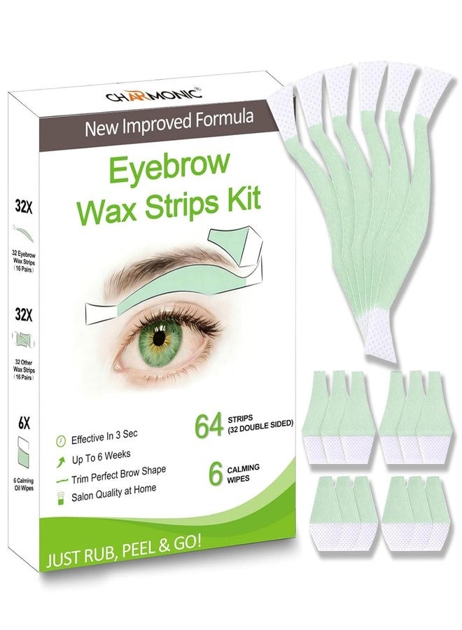 Charmonic 64 Pcs Eyebrow Wax Strips, Eyebrow & Upper Lip Cheek Face Hair Removal, Natural Aloe Formula for Sensitive All Skin Types for Women, at Home Hair Remover Last 6 Weeks Contains 6 Calming Oil Wipes - Image 1