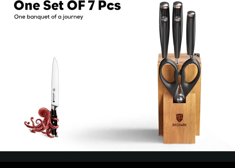 BRODARK Knife Set: 7 Piece Sharp Knife Set Without Steak Knives, Knives Set for Kitchen with German Stainless Steel & Ergonomic Handle, Acacia Wood Block with Built-in Sharpener, Ideal Gifts - Image 2