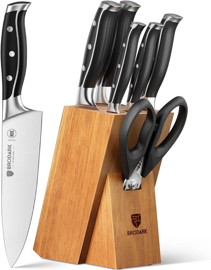 BRODARK Knife Set: 7 Piece Sharp Knife Set Without Steak Knives, Knives Set for Kitchen with German Stainless Steel & Ergonomic Handle, Acacia Wood Block with Built-in Sharpener, Ideal Gifts - Image 1