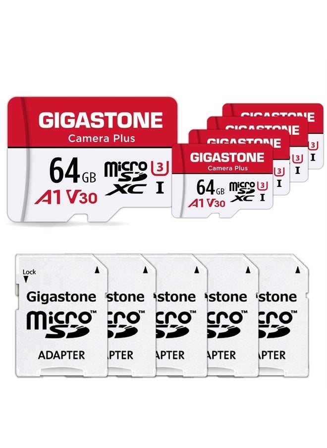 [Gigastone] 64GB 5-Pack Micro SD Card, Camera Plus, MicroSDXC Memory Card for Wyze, Video Camera, Security Camera, Smartphone, Fire tablet, 4K Video Recording, UHS-I U3 A1 V30, 95MB/s, with Adapter