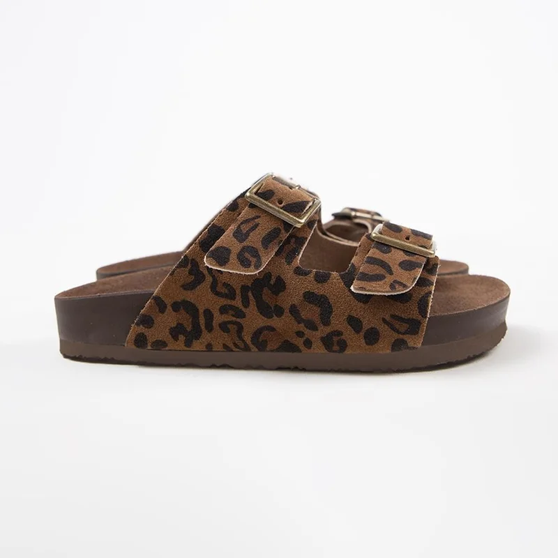 Manijero Manijero Anlelic Leopard Women's Genuine Leather Double Buckle Tan Slippers