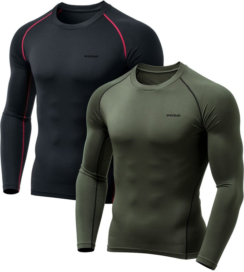 TSLA Men's Thermal Long Sleeve Compression Shirts, Athletic Base Layer Top, Winter Gear Running T-Shirt, Heat Core 2pack Black & Red/Olive, Large - Image 1