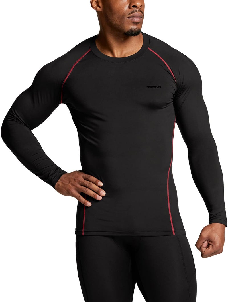 TSLA Men's Thermal Long Sleeve Compression Shirts, Athletic Base Layer Top, Winter Gear Running T-Shirt, Heat Core 2pack Black & Red/Olive, Large - Image 4