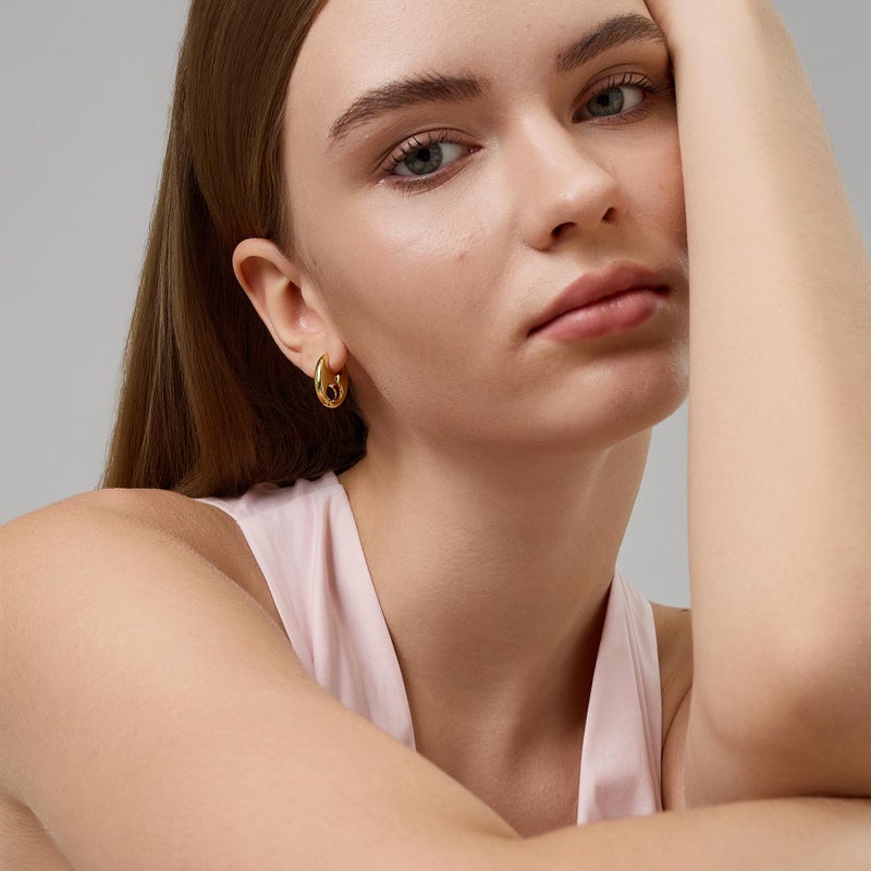 FRUMOS 18K Gold Plated Double-Cutout Huggie Hoop Earrings for Women, Hypoallergenic 925 Sterling Silver Post Earrings with Secure Hinge Closure, Modern Minimalist Statement Hoops - Image 3