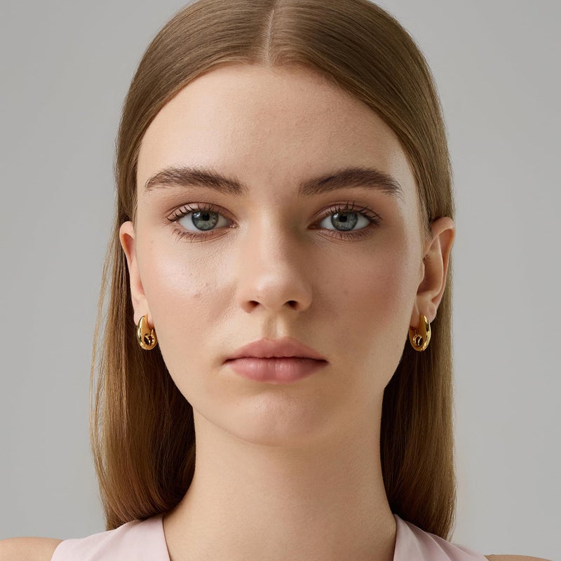 FRUMOS 18K Gold Plated Double-Cutout Huggie Hoop Earrings for Women, Hypoallergenic 925 Sterling Silver Post Earrings with Secure Hinge Closure, Modern Minimalist Statement Hoops - Image 2