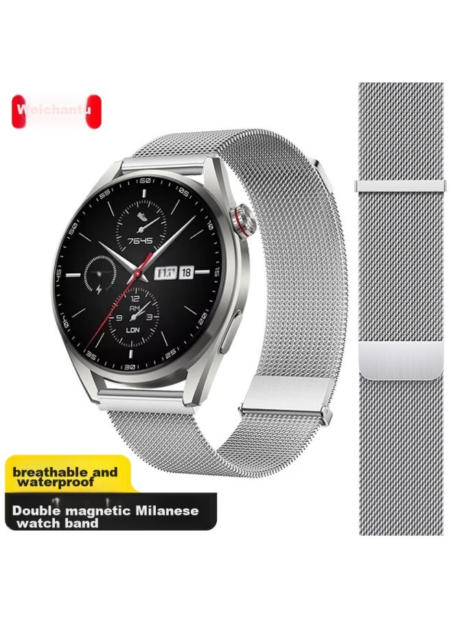 Wei Qiantu Weiqiantu سوار هاتف Huawei متوافق مع Watch Gt4/gt5/pro/watch4/3pro/gt3 حزام ميلانيزي من المعدن الصلب | مشبك مغناطيسي مزدوج - 46/48 - فضي - Image 1