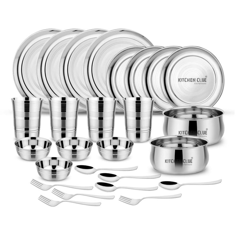 KITCHEN CLUE Stainless Steel Premium Grade Quality Dinner Set of 26 Pcs - Kitchen Set for Home - Heavy Guage - Classic Silver Touch Design - Highly Durable & Food Safe Steel - Dishwasher Safe - Image 1