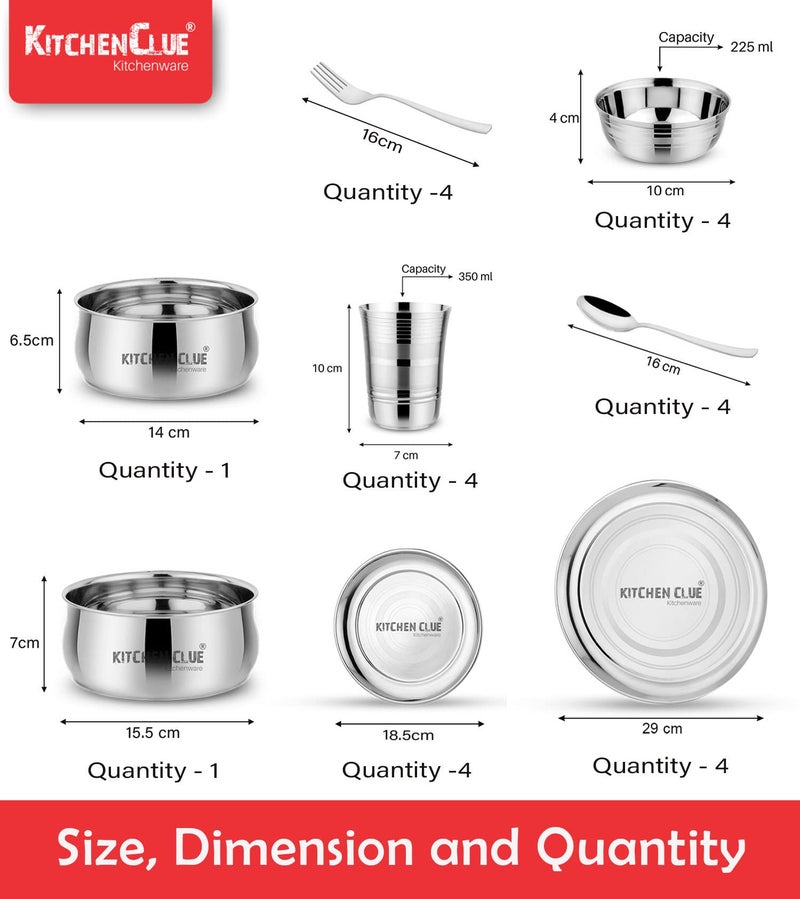 KITCHEN CLUE Stainless Steel Premium Grade Quality Dinner Set of 26 Pcs - Kitchen Set for Home - Heavy Guage - Classic Silver Touch Design - Highly Durable & Food Safe Steel - Dishwasher Safe - Image 4