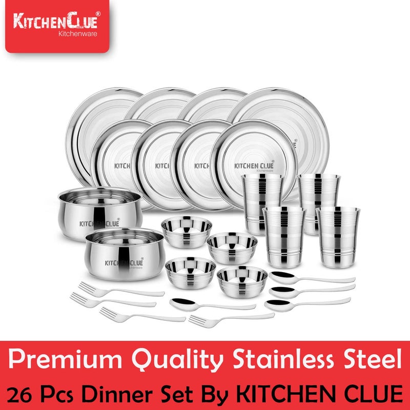 KITCHEN CLUE Stainless Steel Premium Grade Quality Dinner Set of 26 Pcs - Kitchen Set for Home - Heavy Guage - Classic Silver Touch Design - Highly Durable & Food Safe Steel - Dishwasher Safe - Image 2