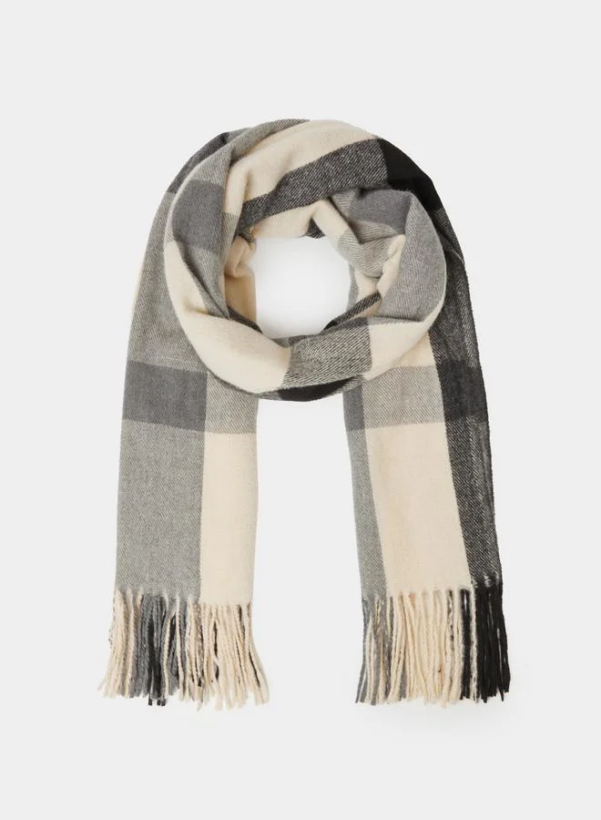Styli Grey Checked Tassel Trims Scarf