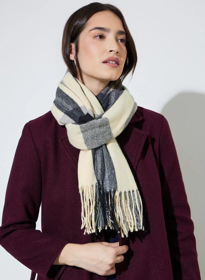 Styli Grey Checked Tassel Trims Scarf