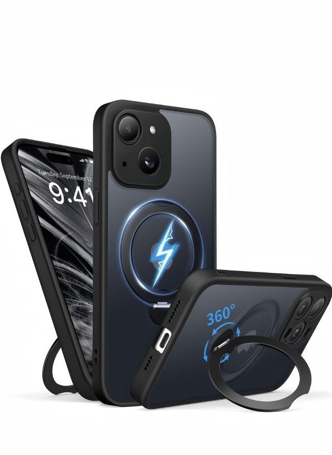 تونجيت جراب هاتف مغناطيسي لجهاز iPhone 14 بتصميم حامل غير مرئي دوار بزاوية 360°، هيكل كامل مقاوم للصدمات والسقوط، جراب حماية شفاف عالي المتانة، متوافق تمامًا مع MagSafe، باللون الأسود.  - Image 1
