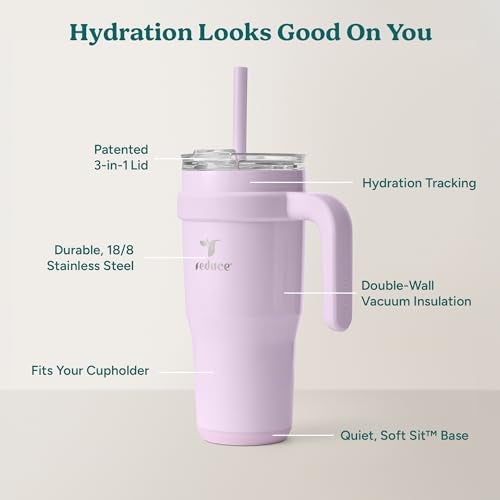 REDUCE 24 oz Stainless Steel Tumbler with Handle - Dual-Wall Vacuum Insulated Travel Mug, Sweat-Proof Lid & Reusable Straw - Keeps Drinks Cold for 24 Hrs, Fits Cupholders, Dishwasher Safe - Lilac Bud - Image 4