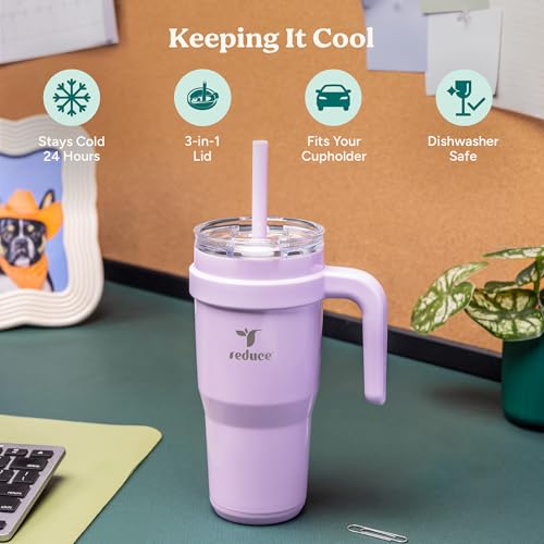 REDUCE 24 oz Stainless Steel Tumbler with Handle - Dual-Wall Vacuum Insulated Travel Mug, Sweat-Proof Lid & Reusable Straw - Keeps Drinks Cold for 24 Hrs, Fits Cupholders, Dishwasher Safe - Lilac Bud - Image 3