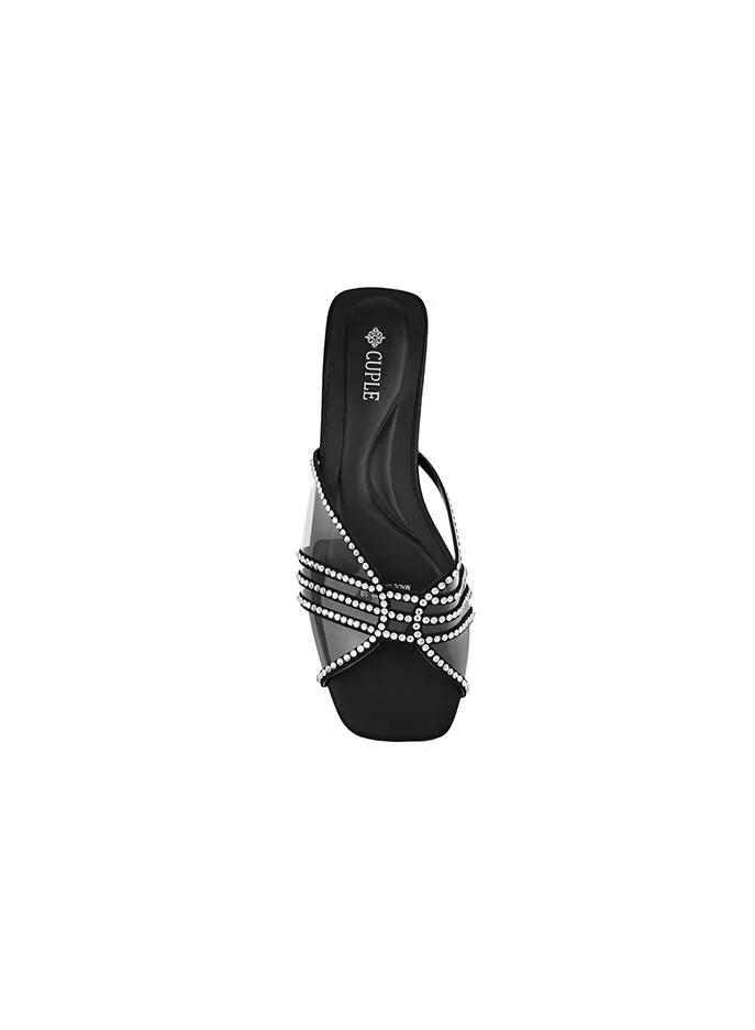 Cuple Black Cuple Embellished Multi Strap Flat Slides for Women | Best Price UAE