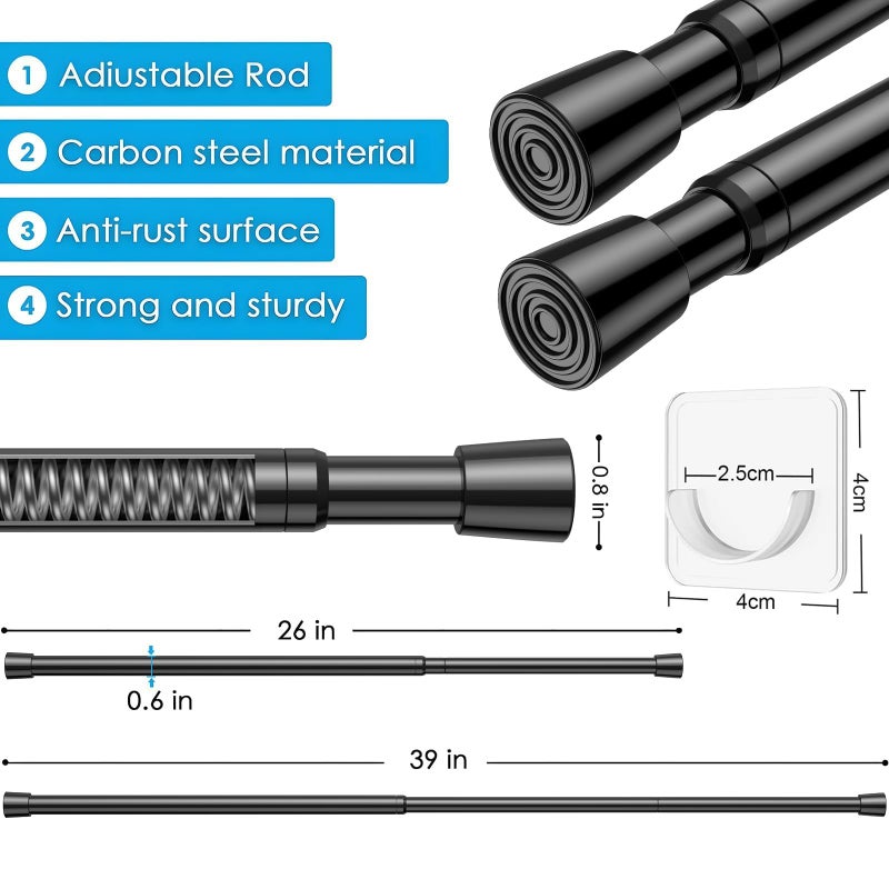 MEXAU 1Pack Spring Tension Curtain Rod 26-39 inch Black Adjustable Spring Rod Extendable Tension Rod For Kitchen, Bathroom, Window, Bookshelf, Closet - Image 2