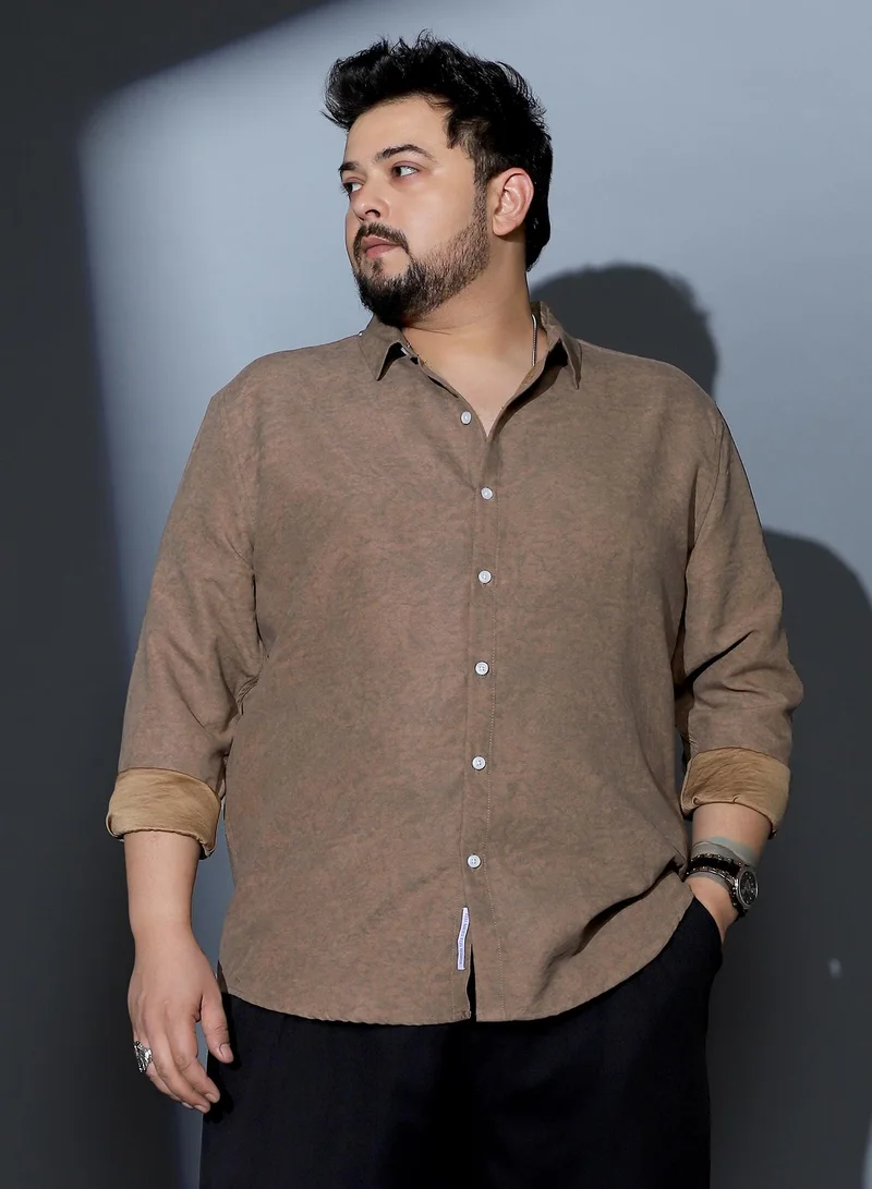 Instafab Plus Instafab Plus Men Mono-Fluid Imprint Shirt | Spread Collar , Long Cuffed Sleeve | Button Closure , Curved Hem | Abstract Print Woven Fabric For Casual & Daily Wear | Ash Brown