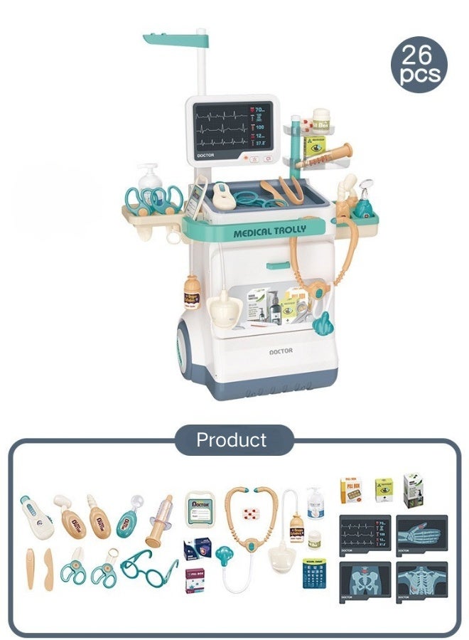 هاهالاند 26 قطعة مجموعة عربة طبية للعب التمثيلي، عربة لعب تمثيل دور الطبيب مع قضيب قياس الطول القابل للتمديد، مجموعة مستشفى محاكاة للعب الإبداعي، هدية تعليمية للأطفال - Image 1