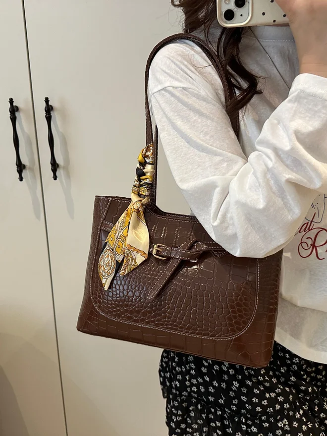 Take Two Brown Croc-Embossed Shoulder Bag with Scarf Accent