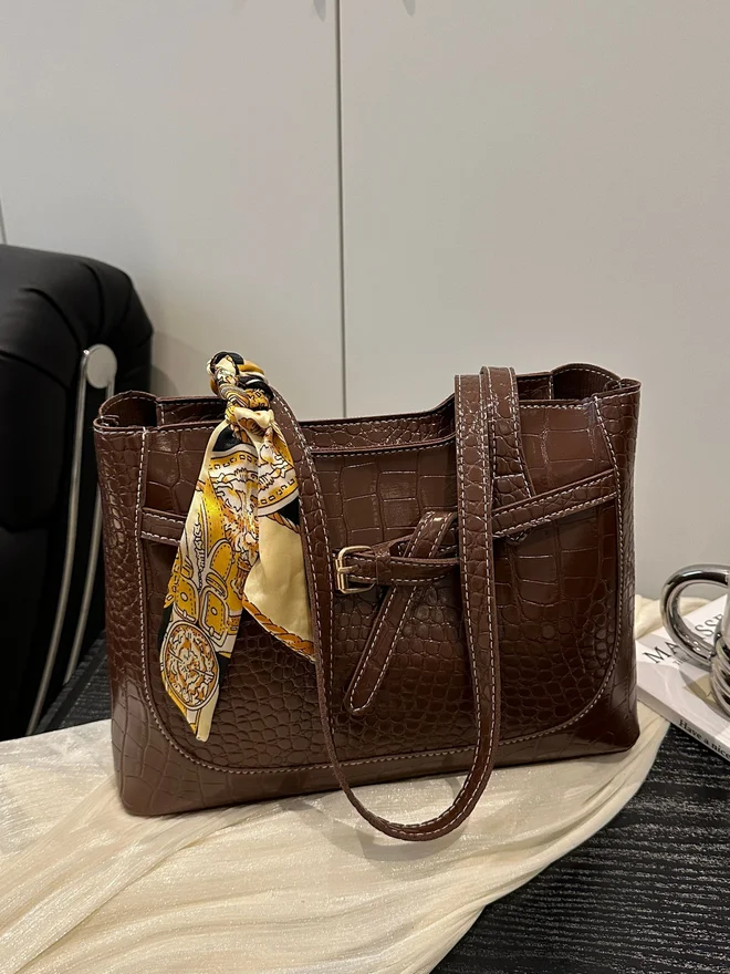 Brown Croc-Embossed Shoulder Bag with Scarf Accent
