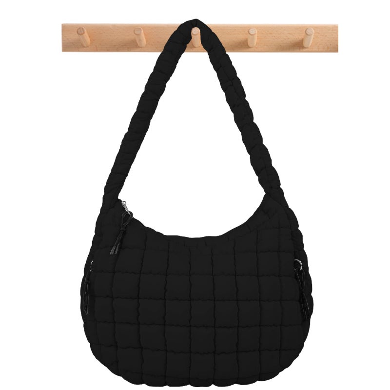 Iqimott Quilted Puffer Tote Shoulder Bag with Zipper, Nylon Bubble Hobo Travel Top Handle Handbag for Women, Oversized Padding Quilted Bag Soft Large Carryall (Black) - Image 1