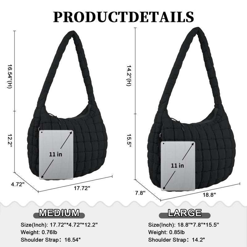 Iqimott Quilted Puffer Tote Shoulder Bag with Zipper, Nylon Bubble Hobo Travel Top Handle Handbag for Women, Oversized Padding Quilted Bag Soft Large Carryall (Black) - Image 2