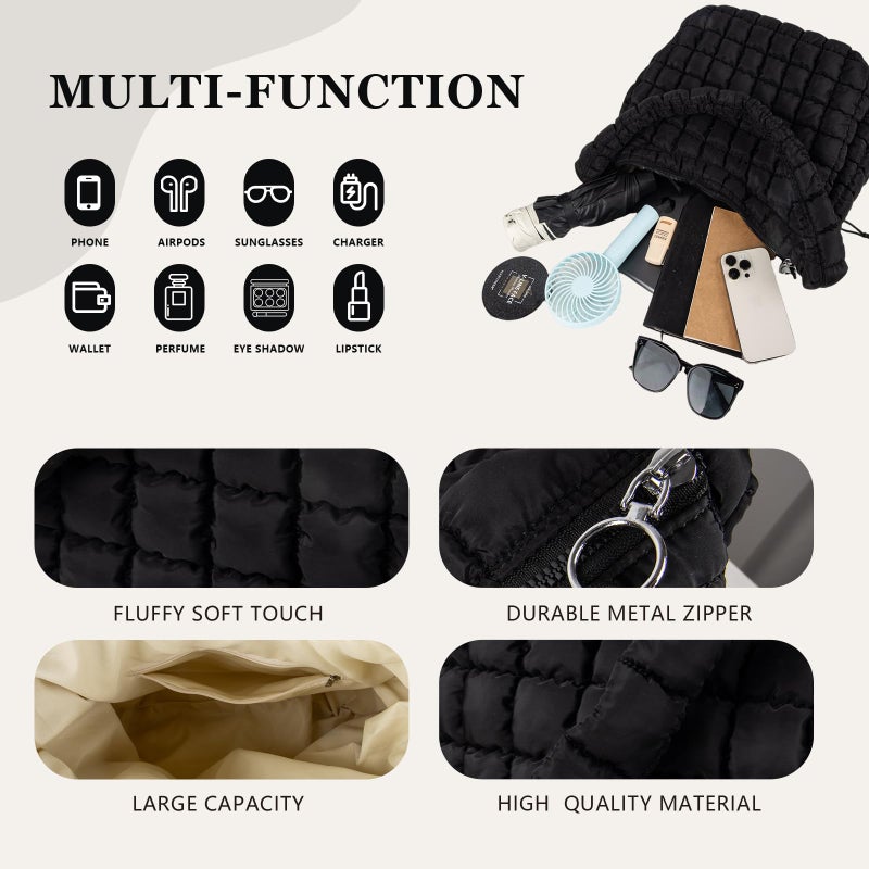 Iqimott Quilted Puffer Tote Shoulder Bag with Zipper, Nylon Bubble Hobo Travel Top Handle Handbag for Women, Oversized Padding Quilted Bag Soft Large Carryall (Black) - Image 3